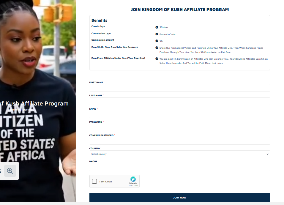 Kingdom of Kush Affiliate Program sign-up page