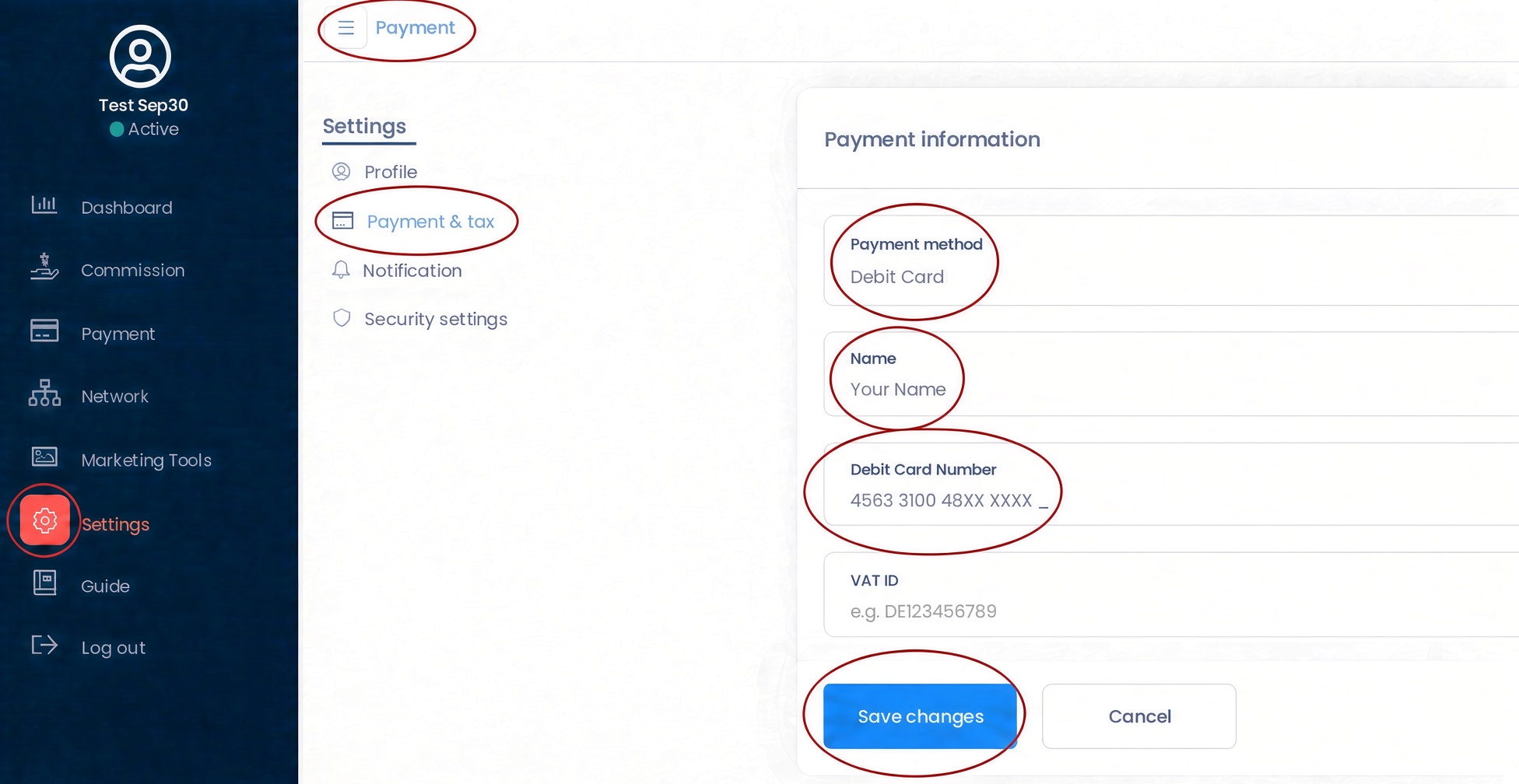 Affiliate dashboard payment method example